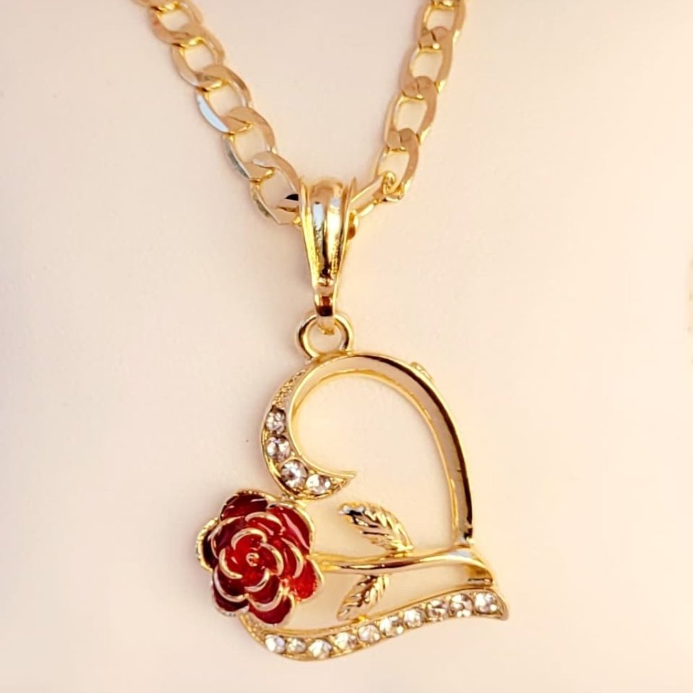 Heart & Rose Pendant Necklace Set Laminated Gold